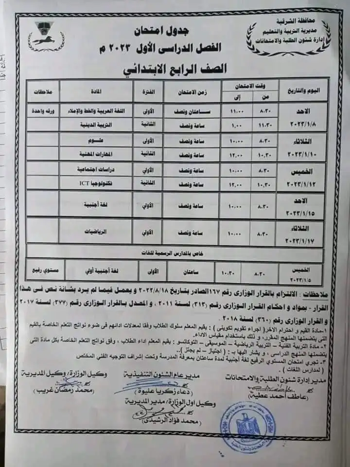جدول امتحان طلاب الصف الرابع الابتدائي  2023 محافظة الشرقية
