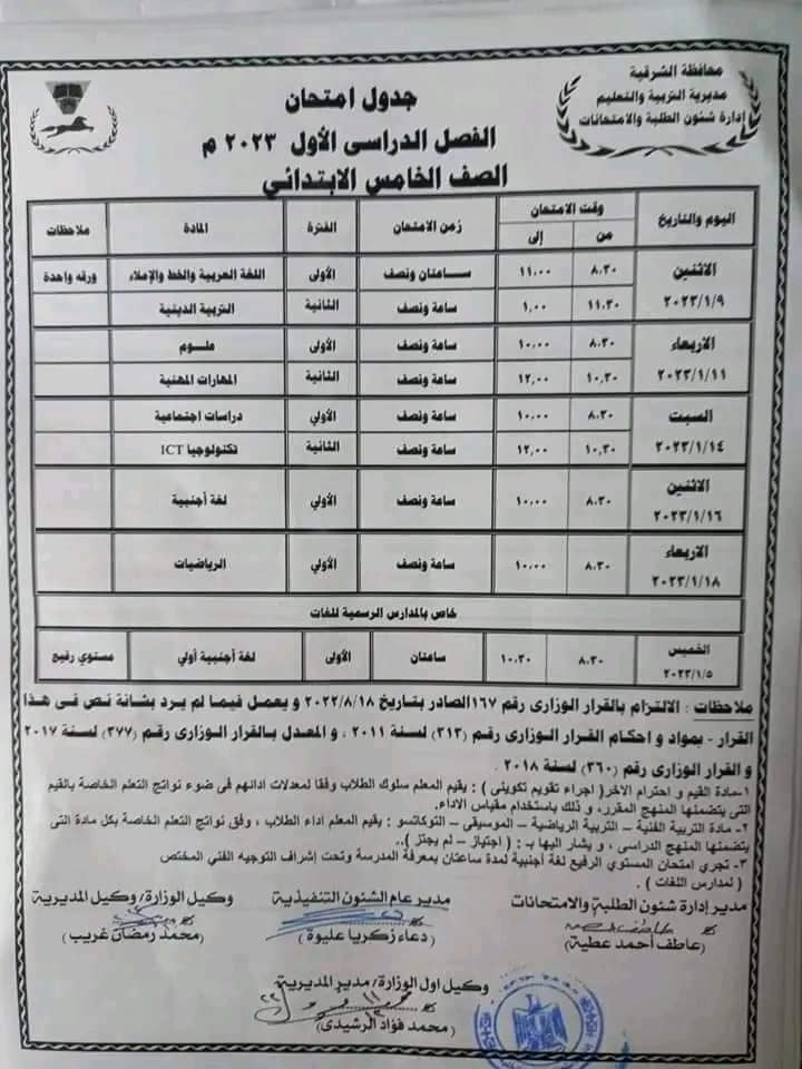 جدول امتحان طلاب الصف الخامس الابتدائي  2023 محافظة الشرقية الترم الاول